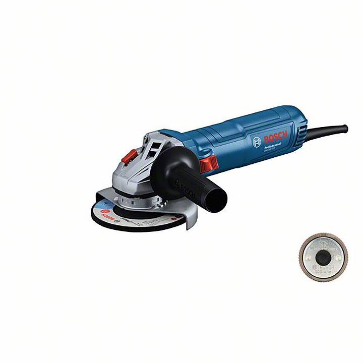 A blue angle grinder with cutting disc. Model number 'GWS 13-125 CIE Professional' visible, accessory disc alongside.