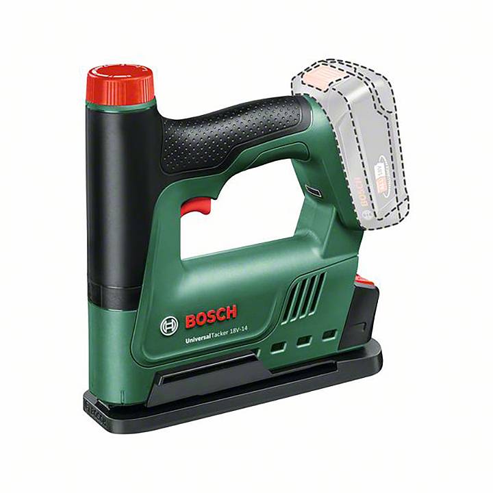A green Bosch UniversalTacker 18V-14 with a red detail and an empty battery compartment. The device operates cordlessly.