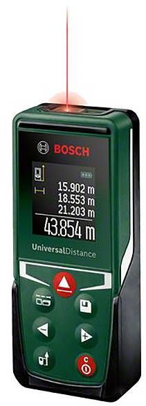 Laser-Entfernungsmesser zeigt Messwerte an: 15,902 m, 18,553 m, 21,203 m. Markierung 'UniversalDistance'.