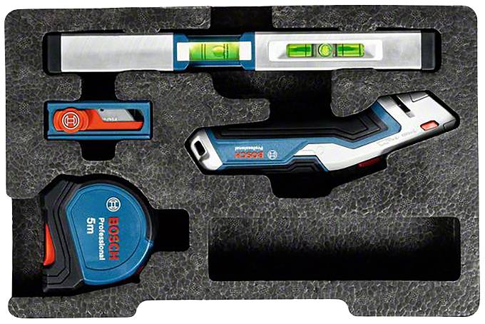 Tool set in foam insert with spirit level, distance measure, laser, and tape measure, all with Bosch logo.