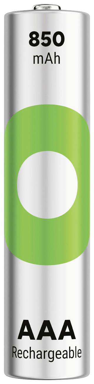 A rechargeable AAA battery with a capacity of 850 mAh, silver in colour with a green pattern.