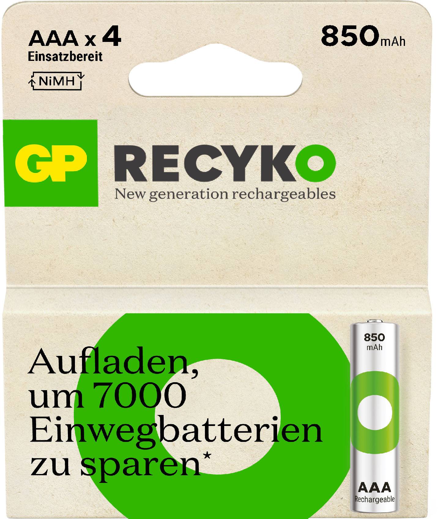 'GP ReCyko AAA x 4, 850 mAh, NiMH, ready to use. Recharge to save 7000 disposable batteries.' Battery pack with battery illustration.