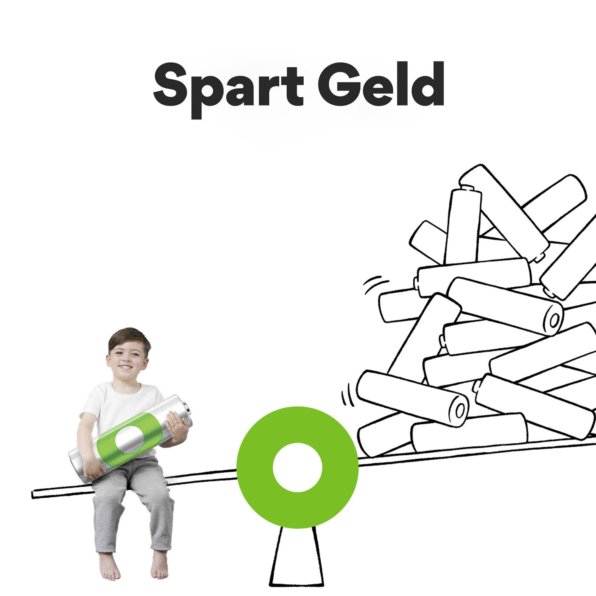 A boy sits on a stool with a large battery and smiles. Next to him is a stack of batteries with the text 'Saves Money'.