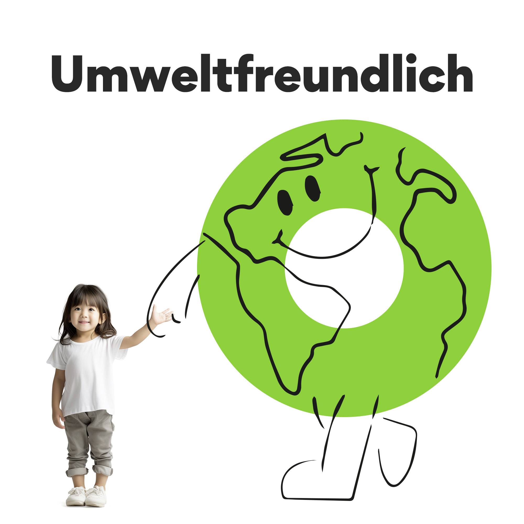 A little girl is holding the hand of a green, smiling globe. Above it reads 'Environmentally Friendly'.
