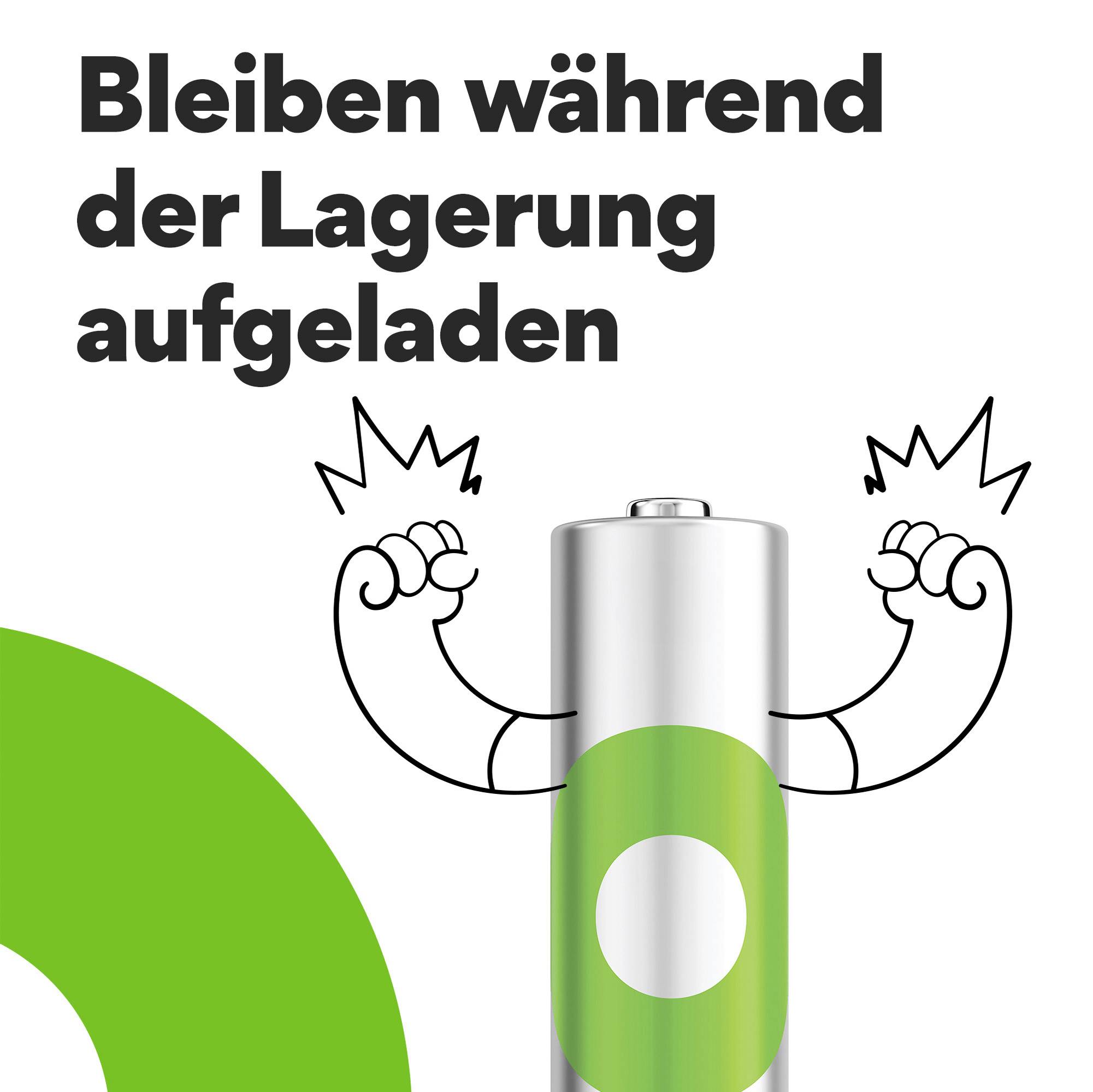 A battery with a green-illuminated area indicates full charge. Next to the battery are drawings of muscular arms. Text: 'Remain charged during storage'.