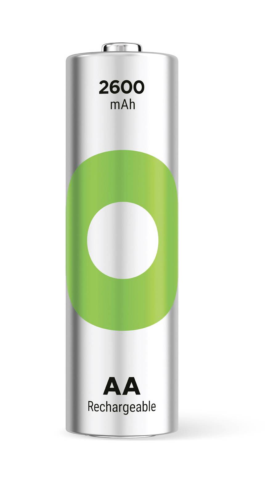 Rechargeable AA battery with 2600 mAh capacity, silver with green accent.