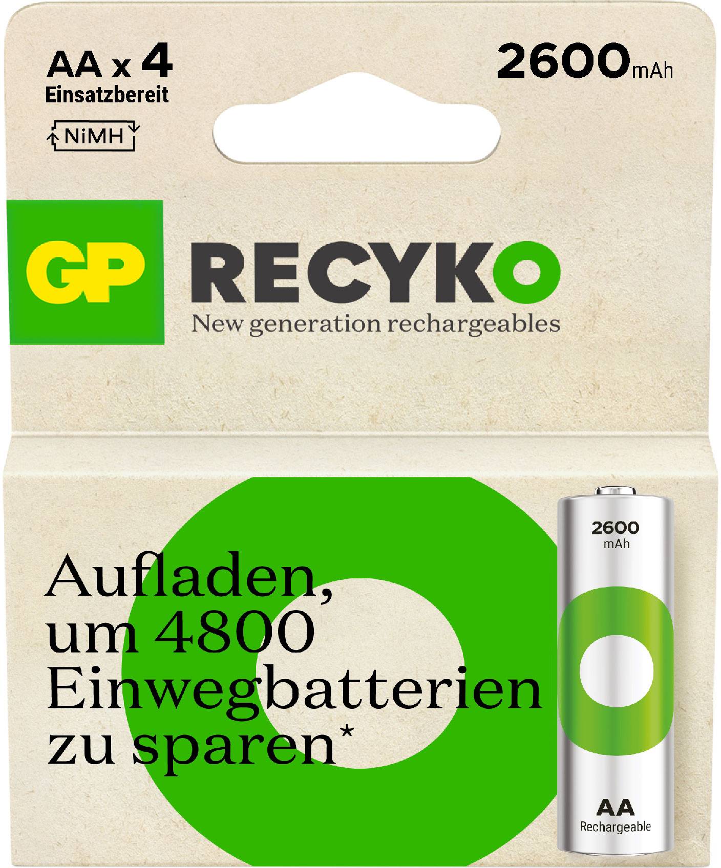 'GP ReCyko' Batteries (2600 mAh, NiMH) in AA size, packaged. Text: 'Recharge to save 4800 disposable batteries.'