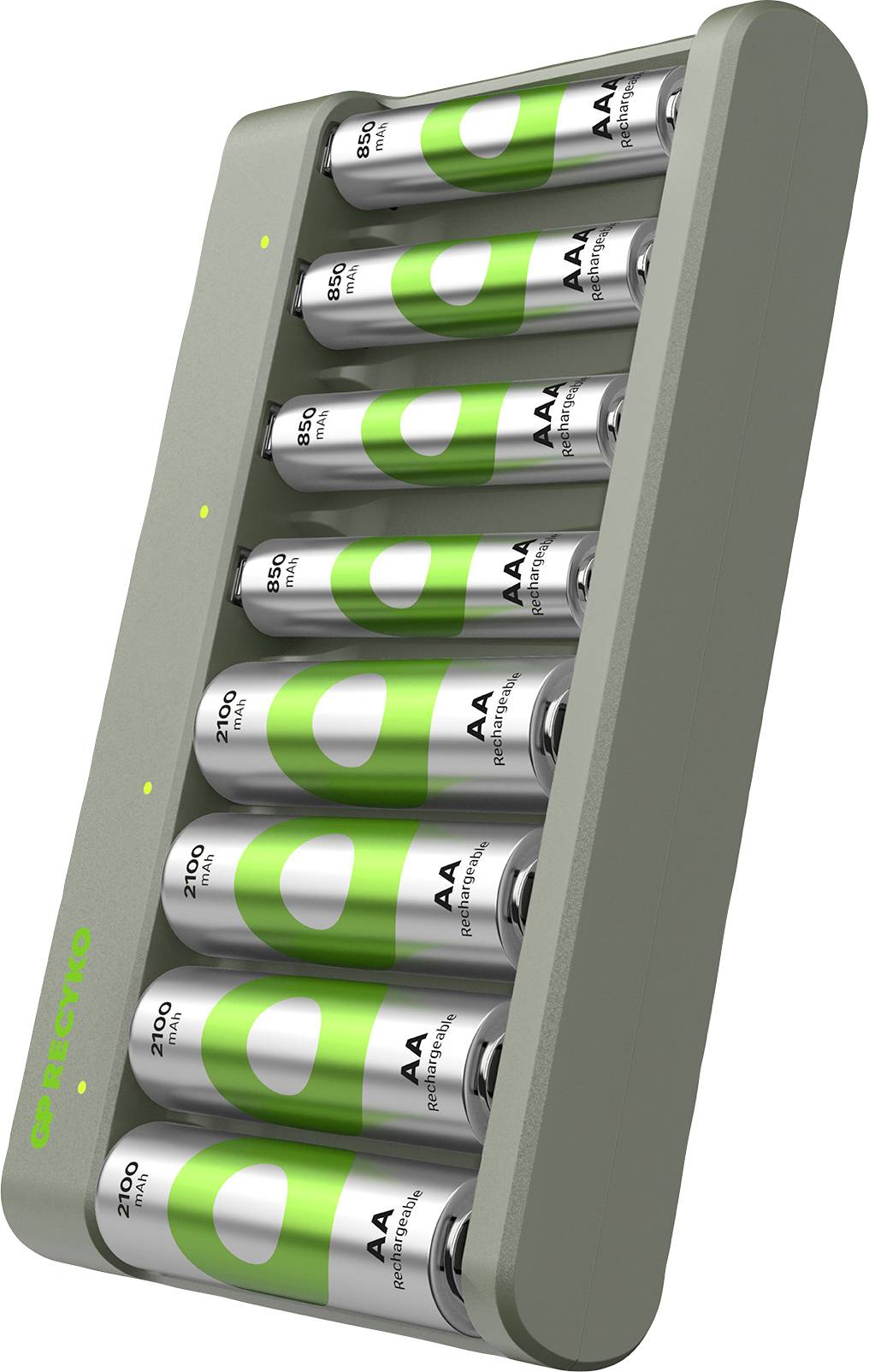 A charger with eight rechargeable AA batteries, partially charged. Brand name and charging scale visible.