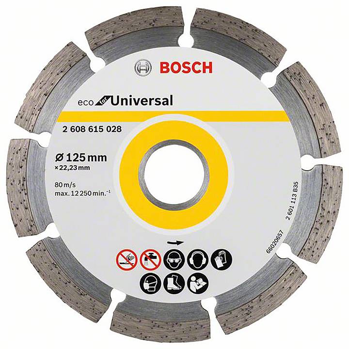 Disc with Bosch logo, labelled: eco Universal, Ø 125 mm, 80 m/s, 12,250 rpm. Symbols for safety equipment.