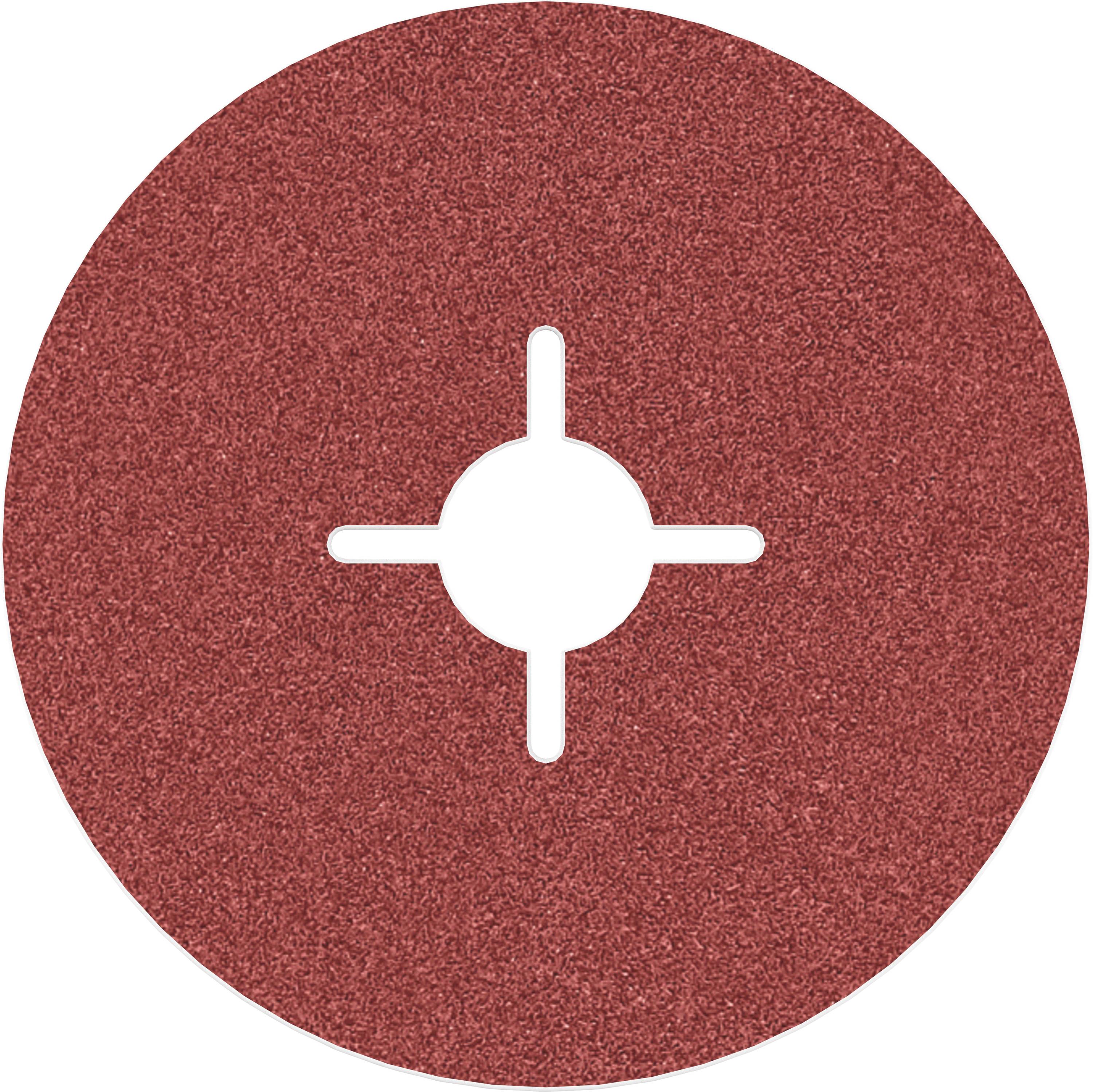 Red grinding wheel with a central opening and cross slots, used for grinding metal or wooden surfaces.