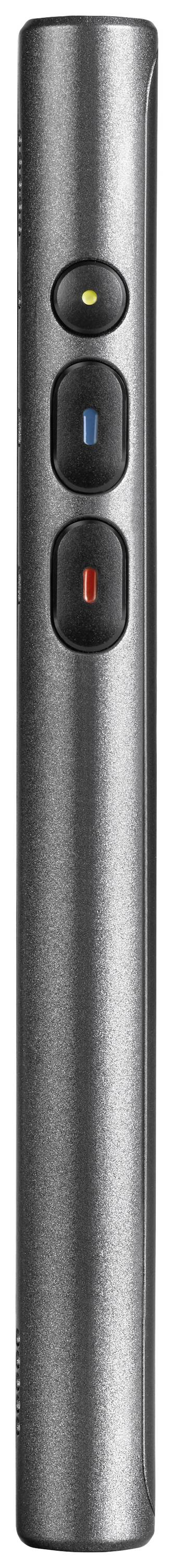 Slim, silver remote control with three buttons arranged vertically; buttons are coloured yellow, blue, and red.