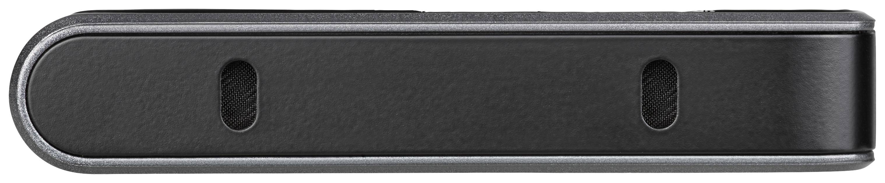 Black USB flash drive with rectangular shape, rounded corners, and silver frame, viewed from above.