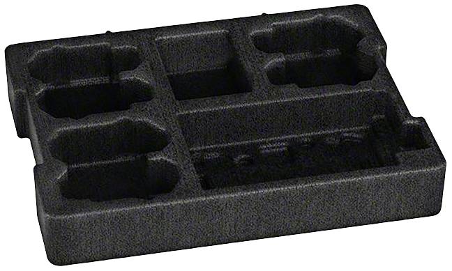 Black foam insert with multiple rectangular and oval recesses for holding items in a packaging.