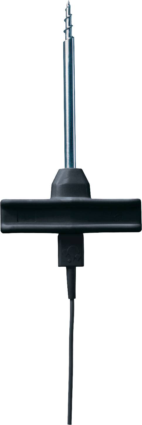 Black T-shaped antenna with a vertical metal mast and attached cable, shown on a plain white background.