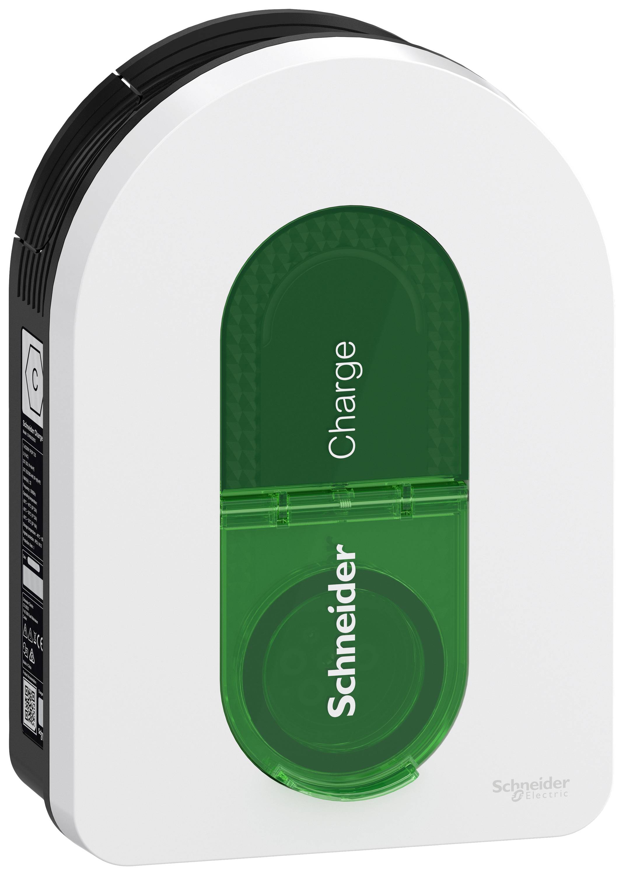 A white Schneider Electric charging station with a green cover area and the word 'Charge'.