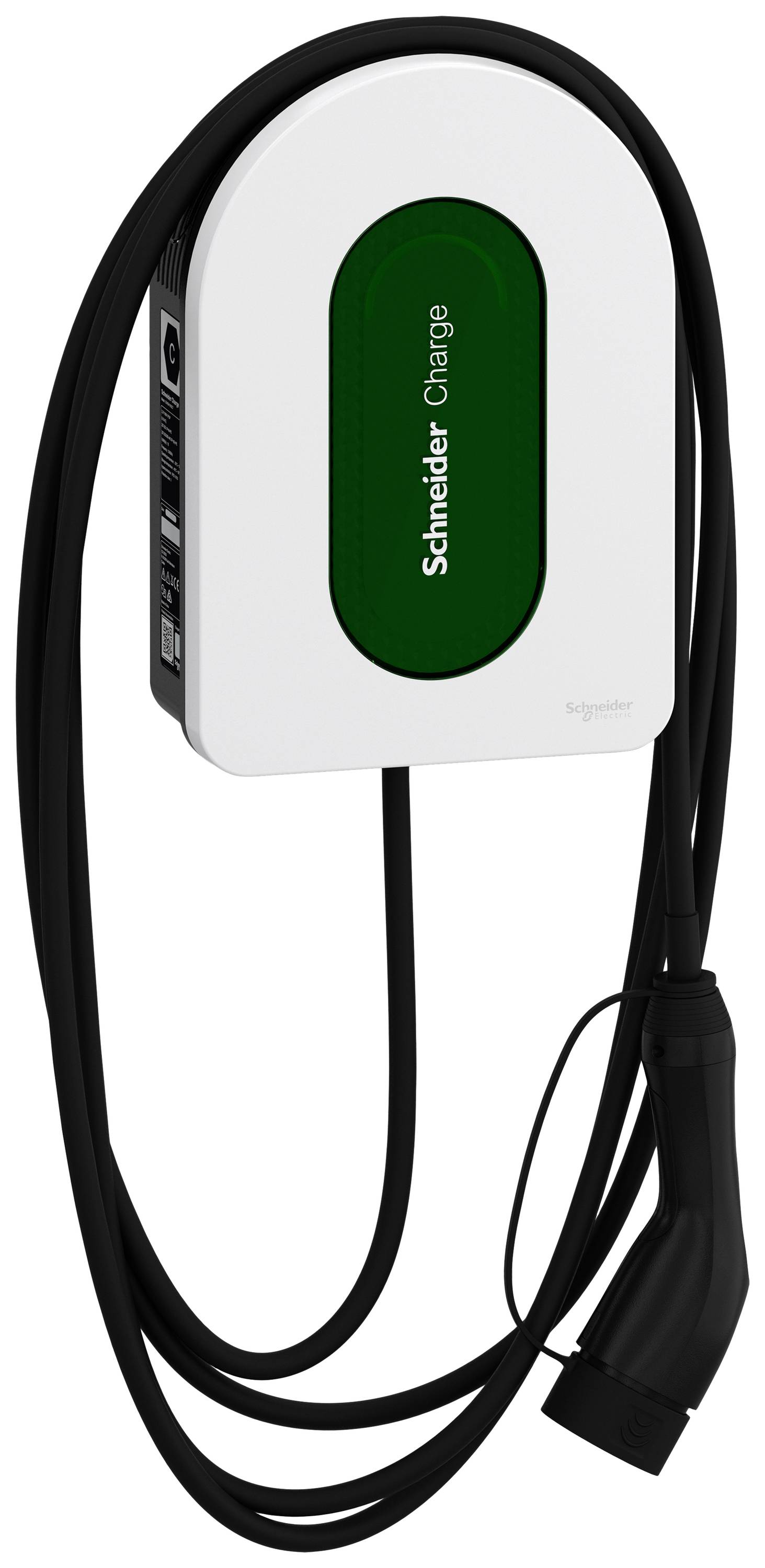 Wall-mounted electric vehicle charging point with a black charging cable. The station reads 'Schneider Charge'.