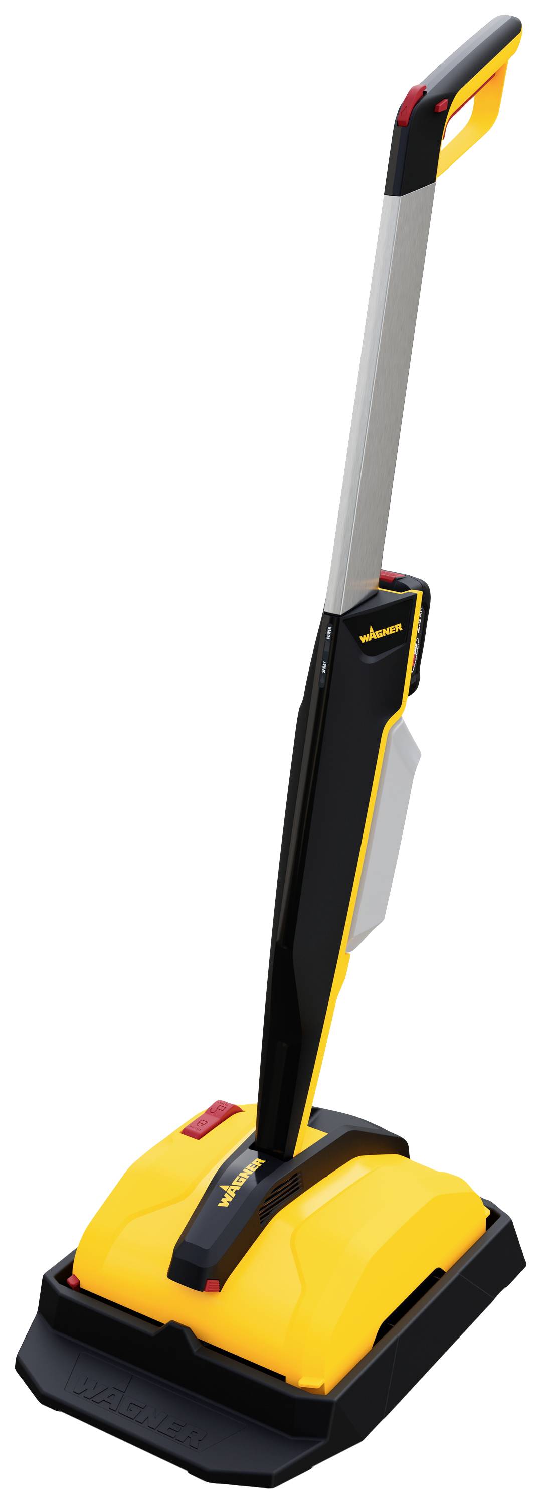 A yellow and black floor cleaner with a long handle, standing on a charging station.