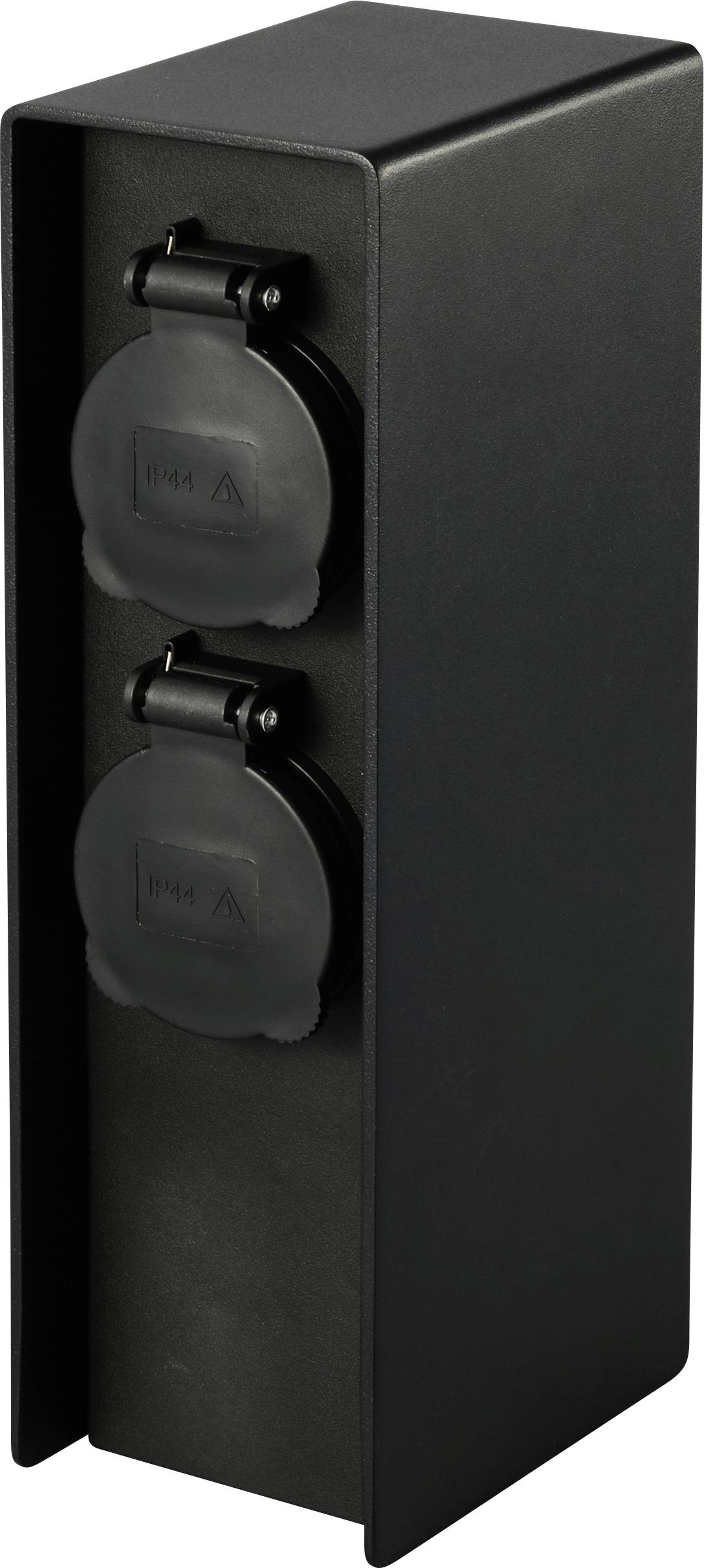 Black vertical power strip with two round, covered electrical sockets.