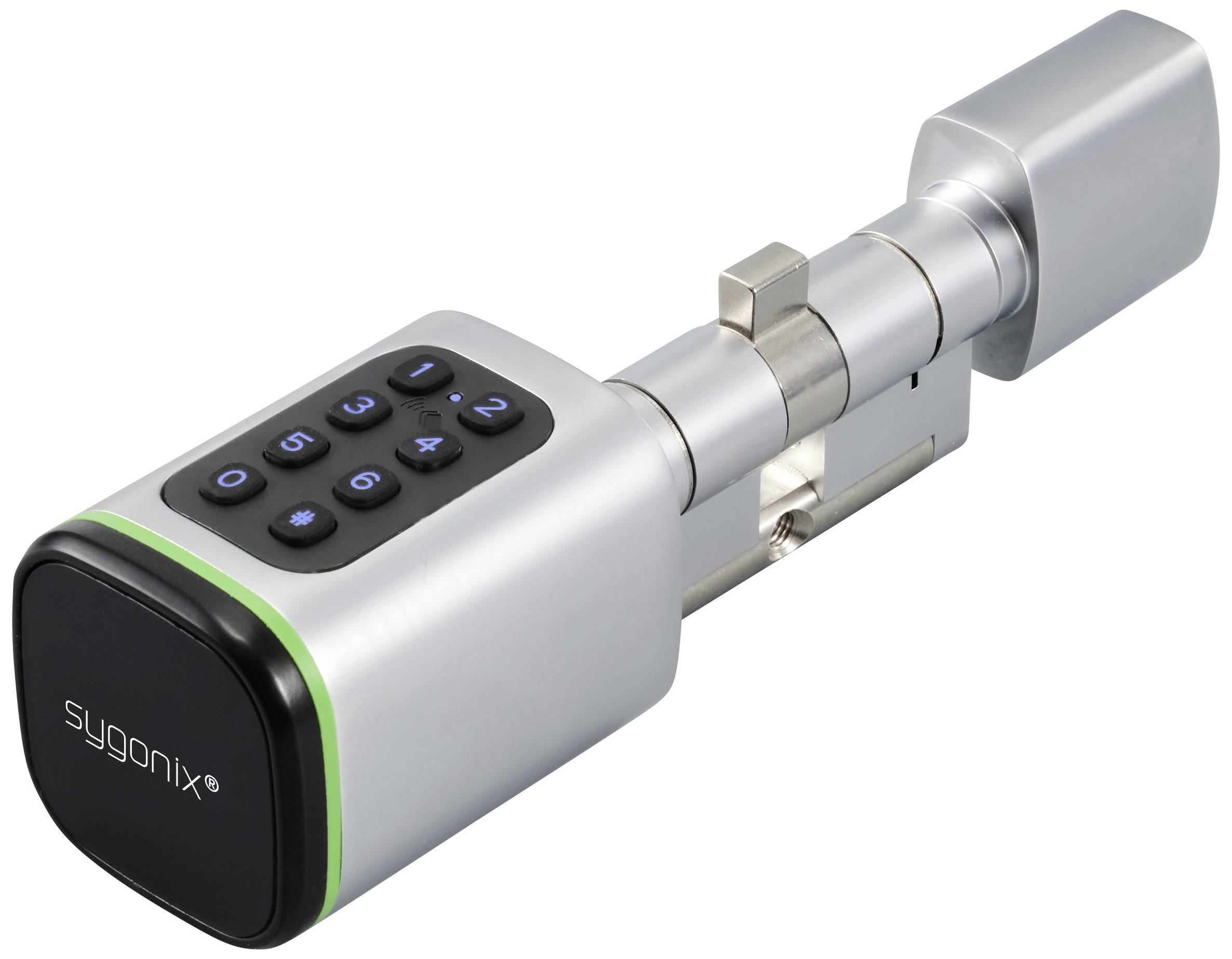 Electronic door lock with digital keypad, silver casing, brand 'Sygonix', for secure access control.