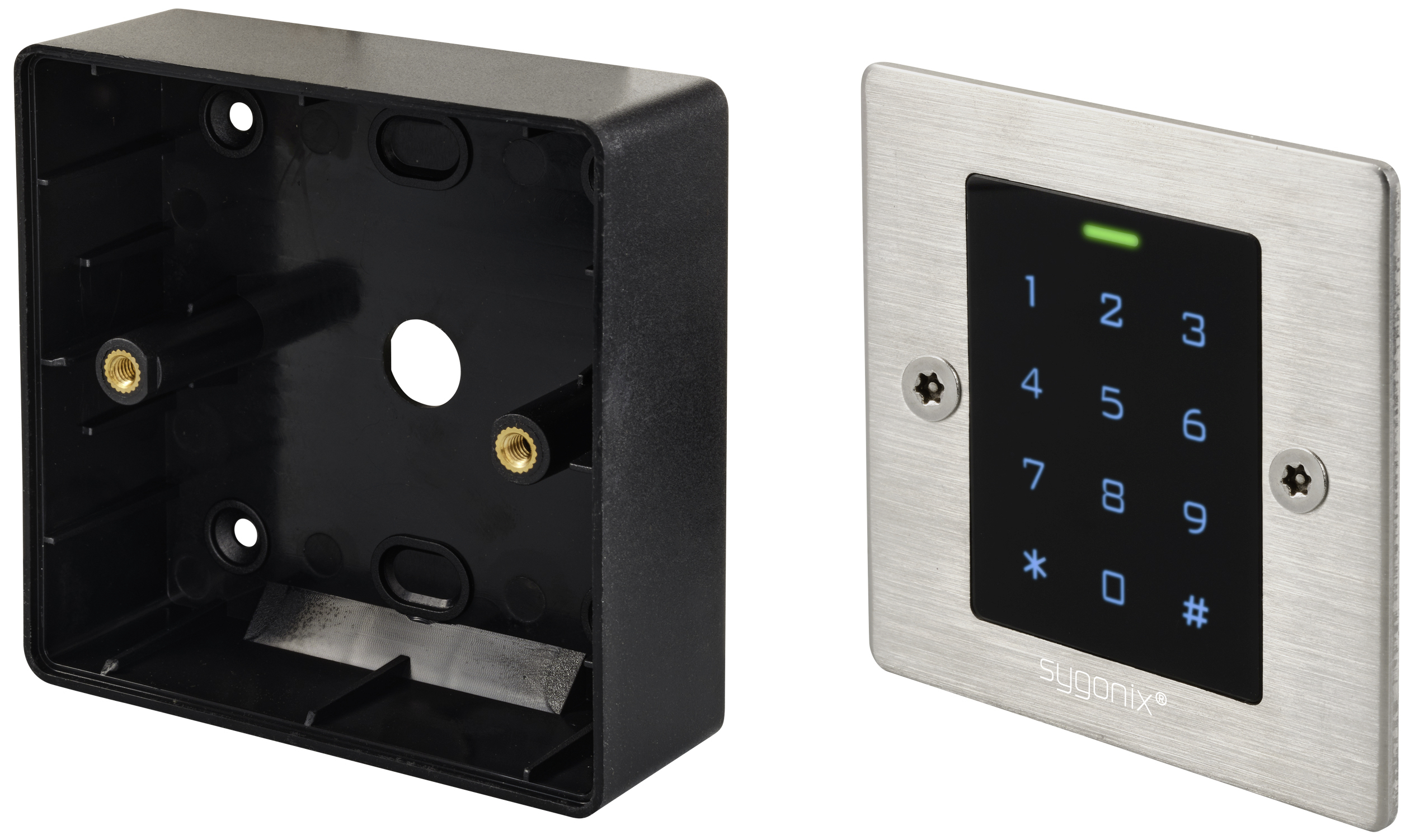 A metal numeric keypad with illuminated keys and flush-mount housing, suitable for access control systems.