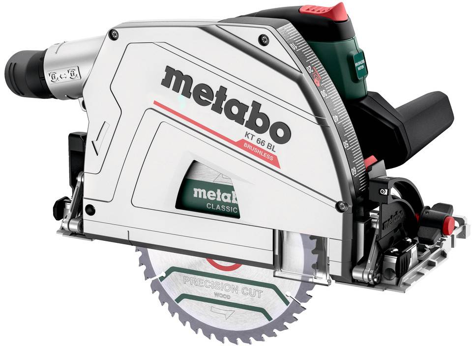 Metabo KGT 66 BL circular saw with protective blade guard and dust extraction attachment on a white background.