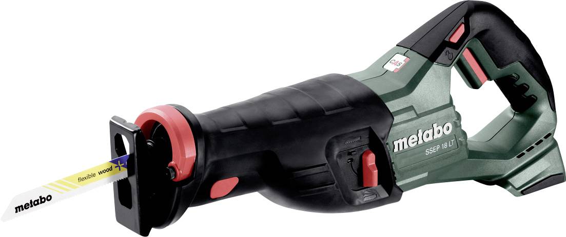 Cordless reciprocating saw with a blade inserted, shown in side view on a white background.