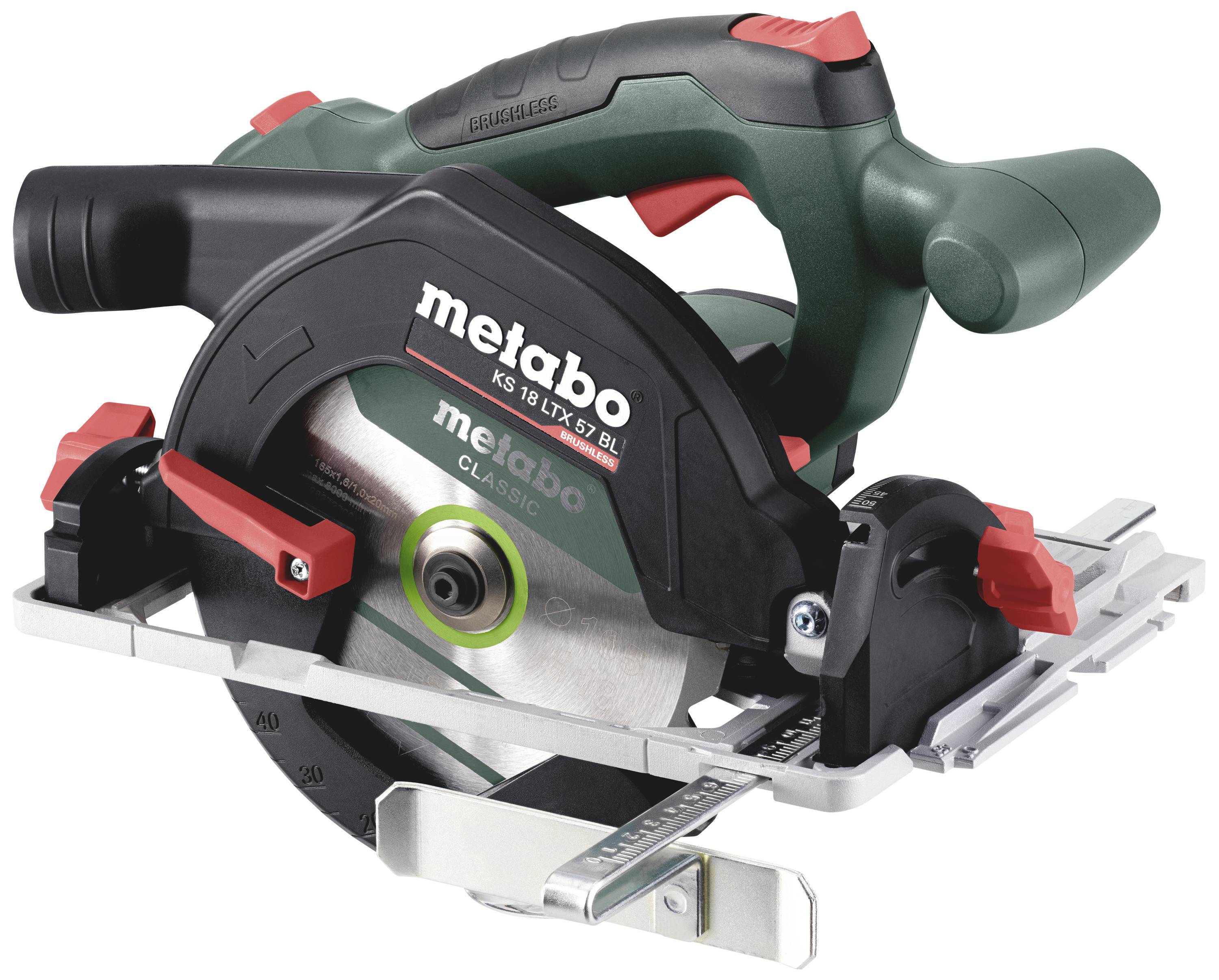 A green and black Metabo circular hand saw with a red switch, suitable for woodworking tasks, on a white background.