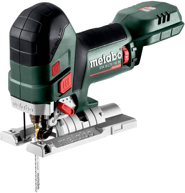 Cordless Metabo jigsaw angled side view, showing the blade and metal base plate on a white background.