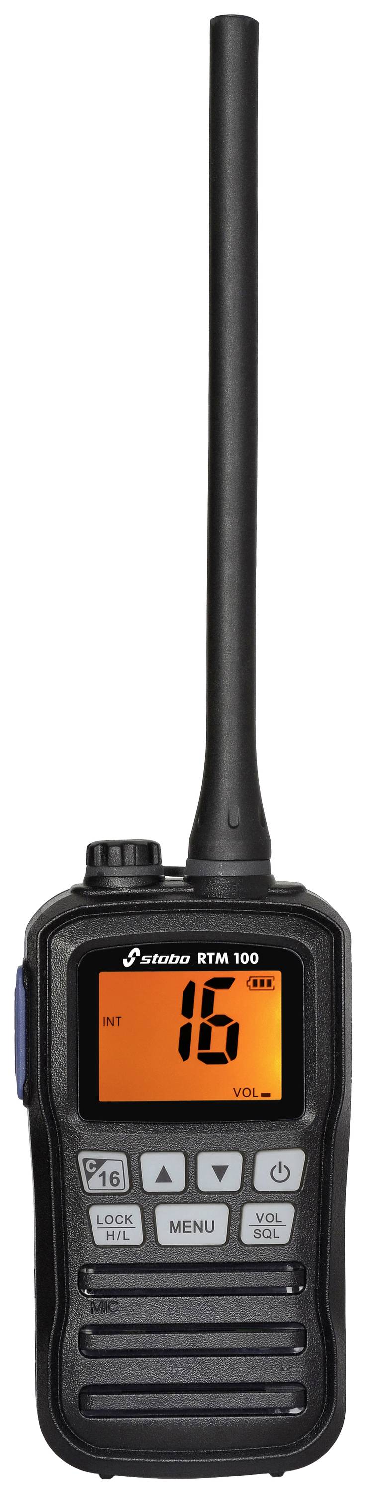 Entry of a black handheld radio with an illuminated display showing the number '16'. Buttons for transmit, menu, and settings underneath.