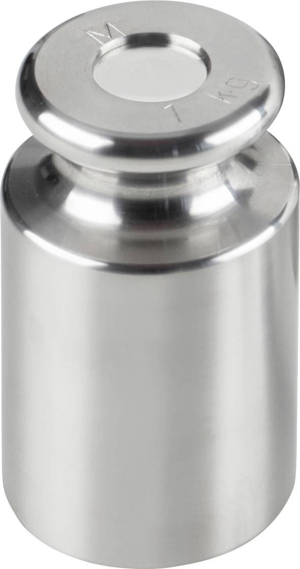 A silver metal weight with an engraved inscription 'M 1 kg', used for calibrating scales.