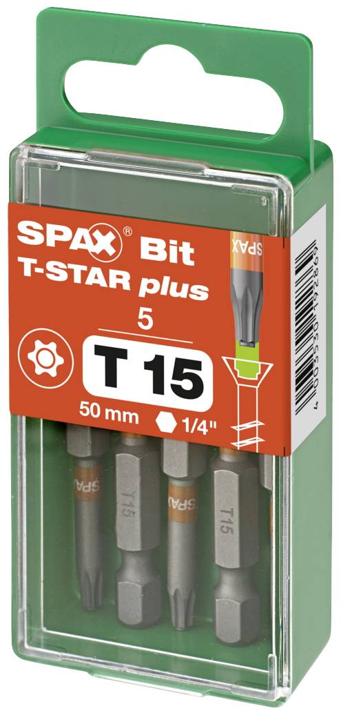 A green plastic packaging containing five SPAX T-STAR plus bits, size T15, 50 mm in length. Packaging inscription: 'T15 50 mm 1/4