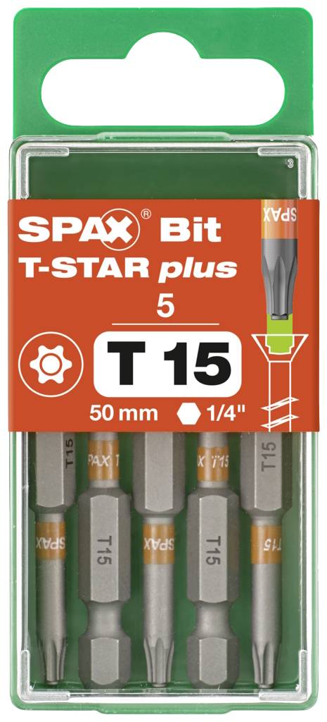 'SPAX Bit T-STAR plus T15' Bit Set, 5 pieces, 50 mm length, suitable for T15 screws. Packaging shows product and technical details.