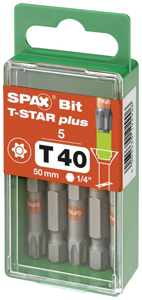 A transparent plastic container with five SPAX T-STAR plus bits, size T40, 50 mm long. Packaging with an orange label.