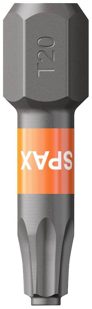 A Torx-head bit with the marking 'T20'. Orange ring with the 'SPAX' brand. Suitable for screw work.