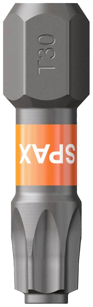 Torx-head set screw 'T30' with orange 'SPAX' marking, suitable for wood and metal work.