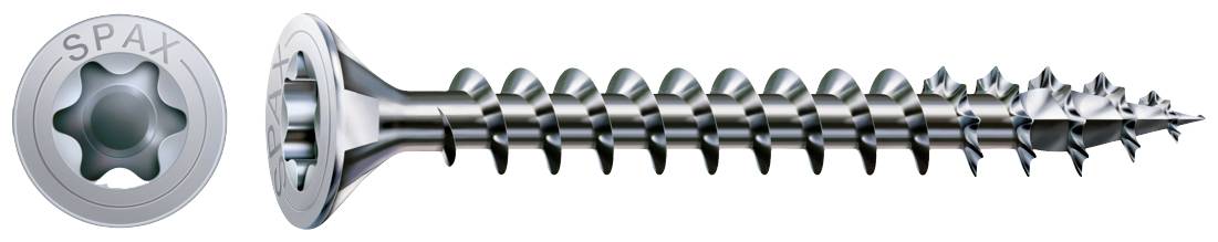 A silver-coloured metal screw with a star-shaped head and a pointed end. The word 'SPAX' is printed on the head.