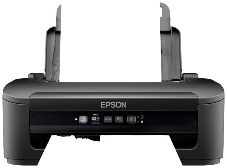 A black Epson printer with an open paper tray. Control panel featuring buttons for power, Wi-Fi and additional functions.