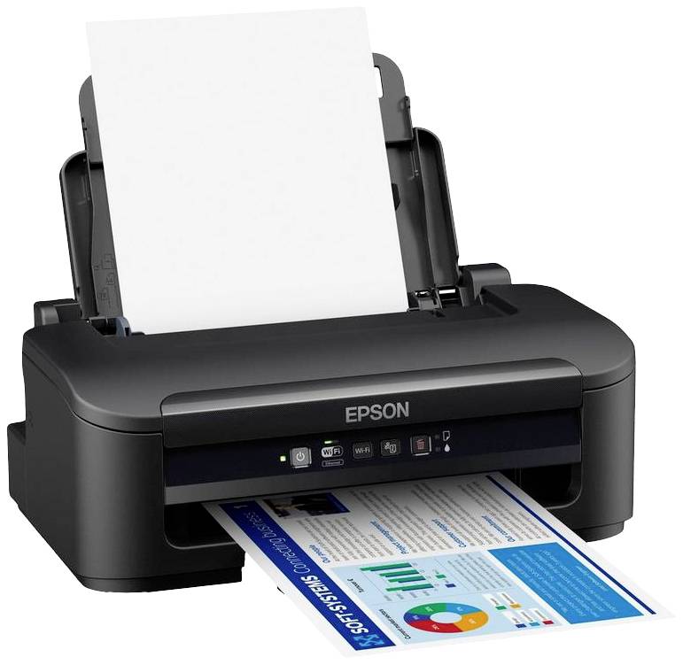 A black printer is printing a coloured document with graphics and diagrams. A stack of white paper is loaded at the top.