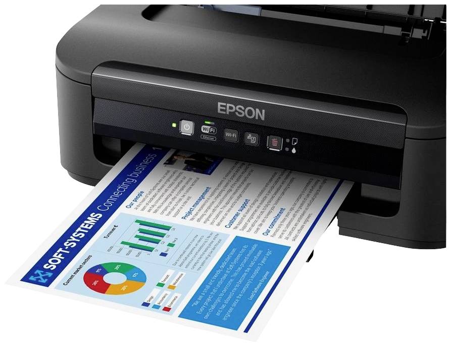 A printer prints a colourful information sheet with diagrams and text. The sheet is ejected from the front of the device.