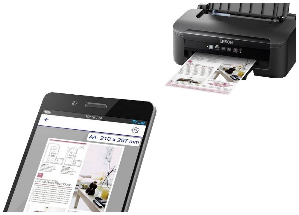 Smartphone displays print preview on screen, while printer in the background prints document. Connection between devices visible.