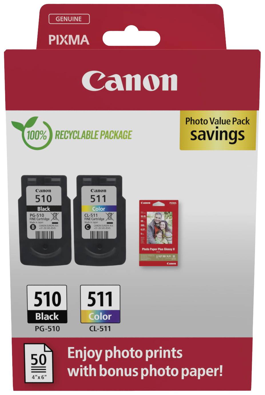 Canon ink cartridge pack with one black (510) and one colour (511) cartridge. Photo paper package included.
