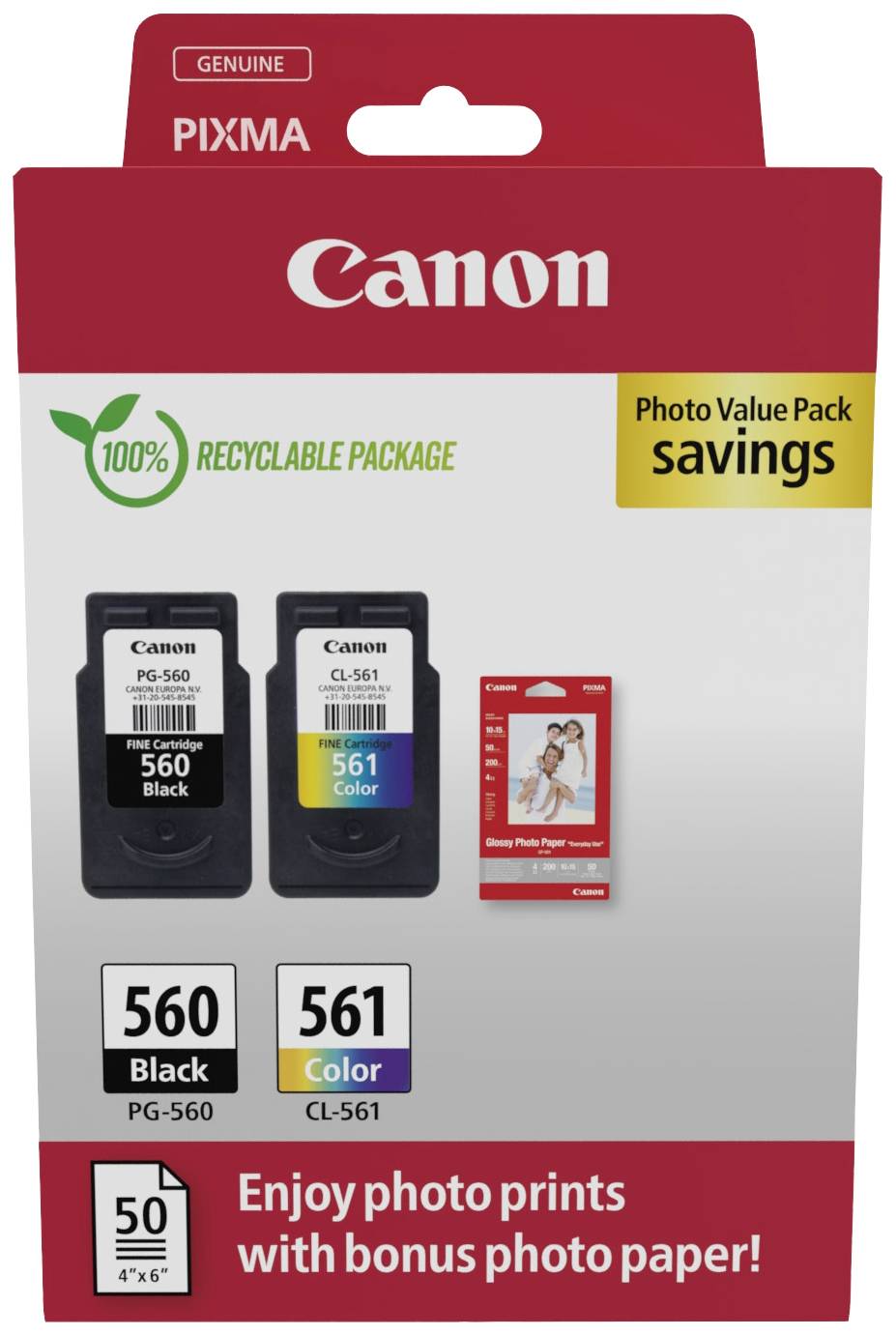 Canon Ink cartridge PG-560/CL-561 Photo Value Pack (PVP) Original Pack of 2 Black, Cyan, Magenta, Yellow 3713C008