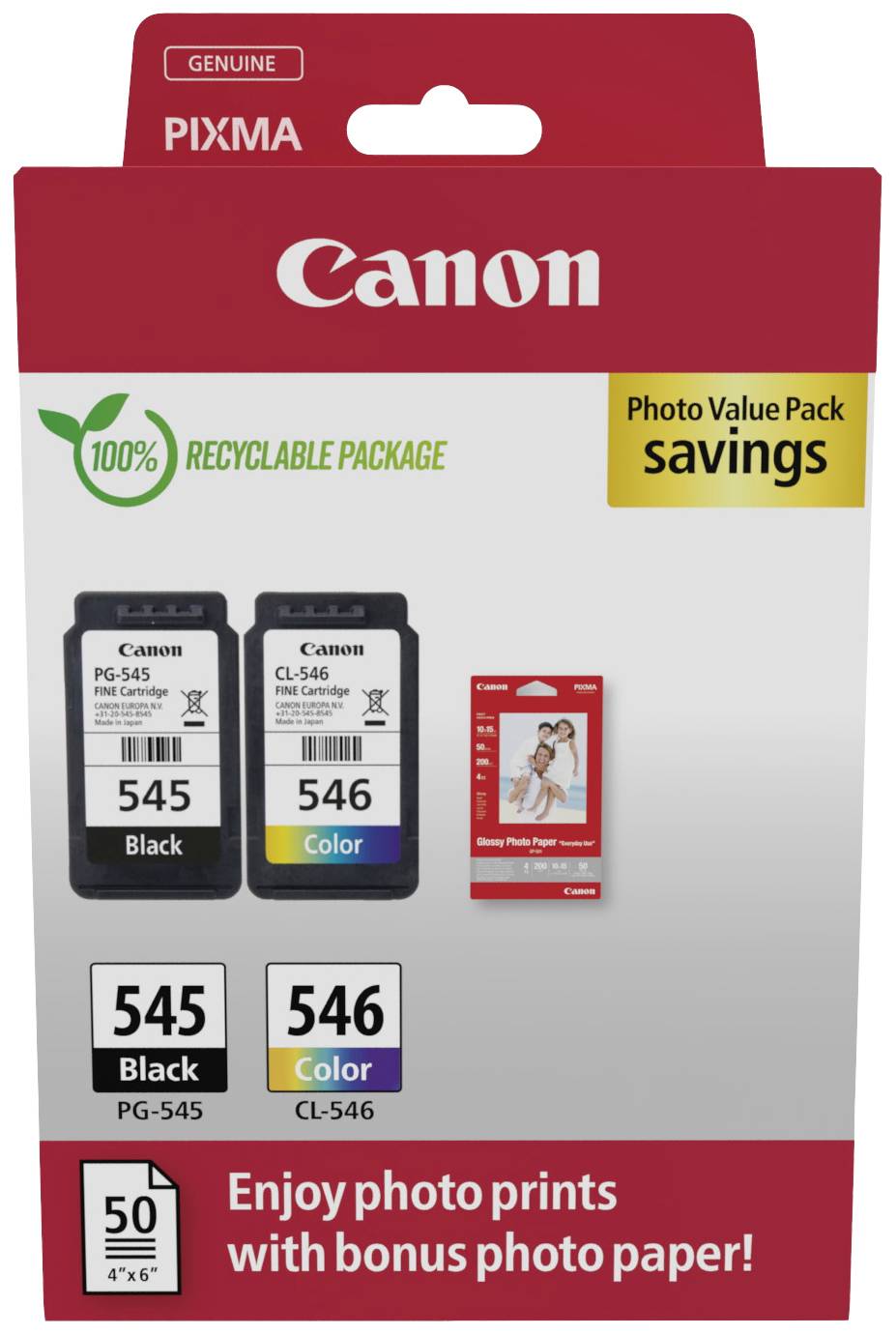 'Canon PIXMA Value Pack' containing two printer cartridges (black and colour) and photo paper. Packaging with recycling logo.