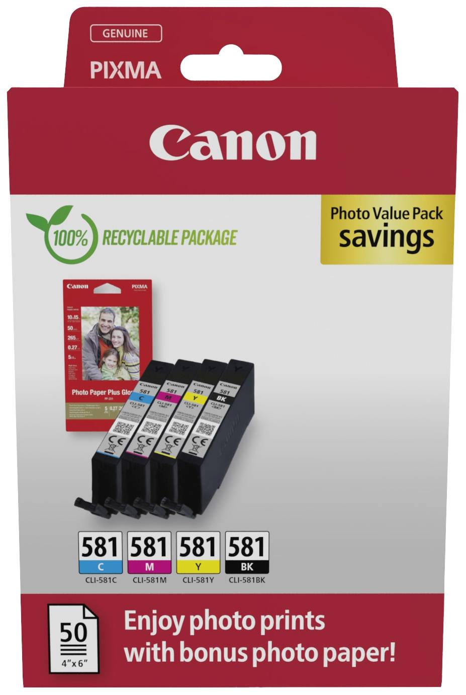 Canon Pixma Ink Cartridge Set with four colour cartridges and 50 sheets of photo paper. Packaging is 100% recyclable.