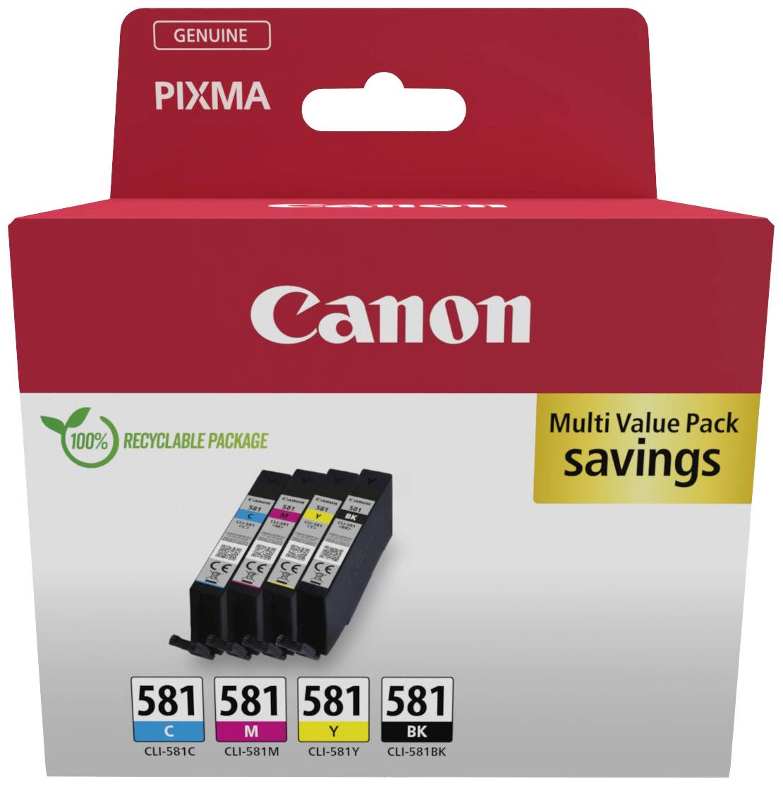 Canon Printer Ink Cartridge Pack, five cartridges: Cyan, Magenta, Yellow, Black and Photo Black. Packaging note: '100% recyclable'.