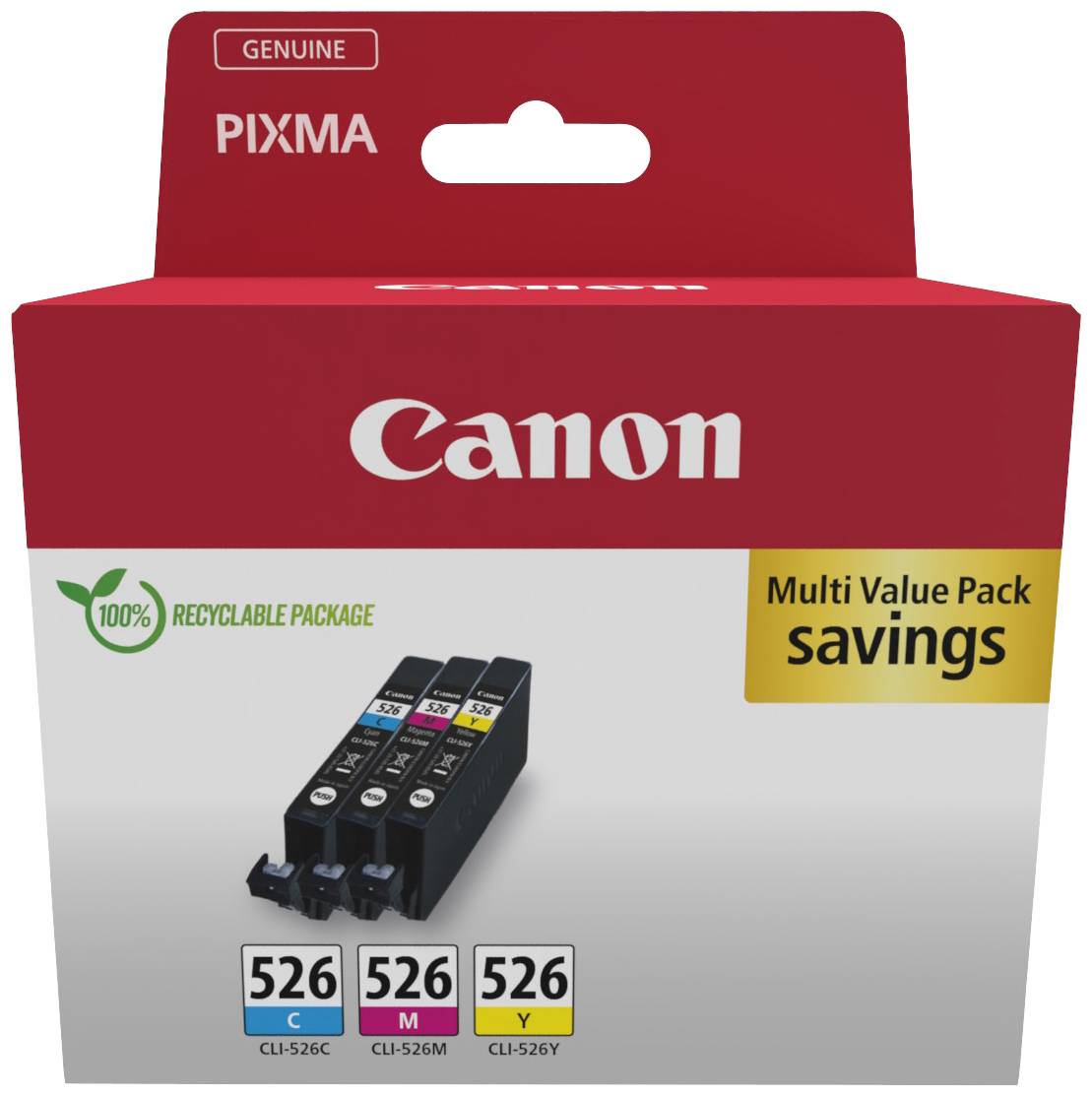 'Canon Pixma Multi Value Pack' with three ink cartridges in Cyan, Magenta and Yellow, recyclable packaging.(Note: This translation is already very close to British English, with no substantial changes needed.)
