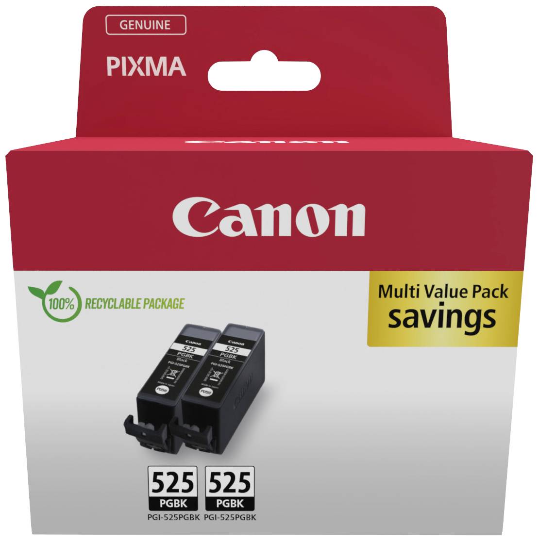 'Canon PIXMA' - Double ink cartridge pack, contains two PGI-525BK cartridges. Marked as '100% recyclable packaging'.
