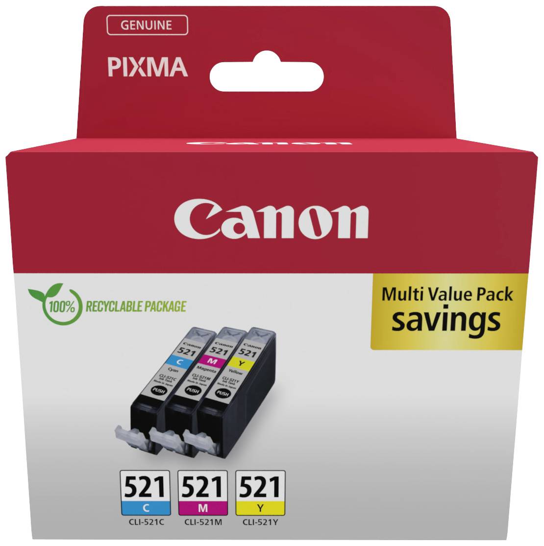 'Canon' printer cartridge multipack with three cartridges in Cyan, Magenta and Yellow. Packaging emphasises environmentally friendly design.