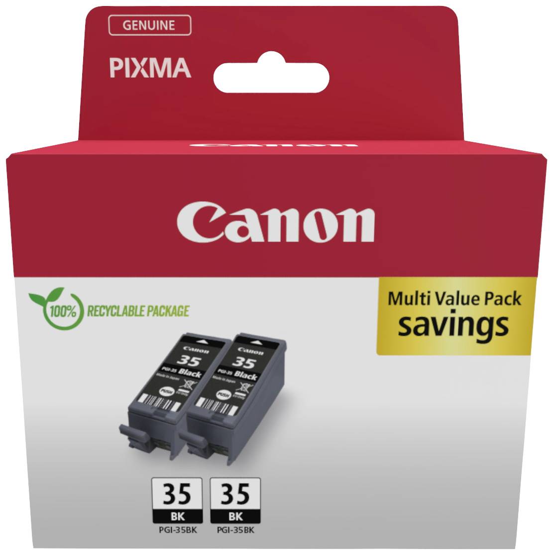 Two Canon PGI-35BK ink cartridges in a red box. Text 'Multi Value Pack, savings' and '100% Recyclable Packaging'.