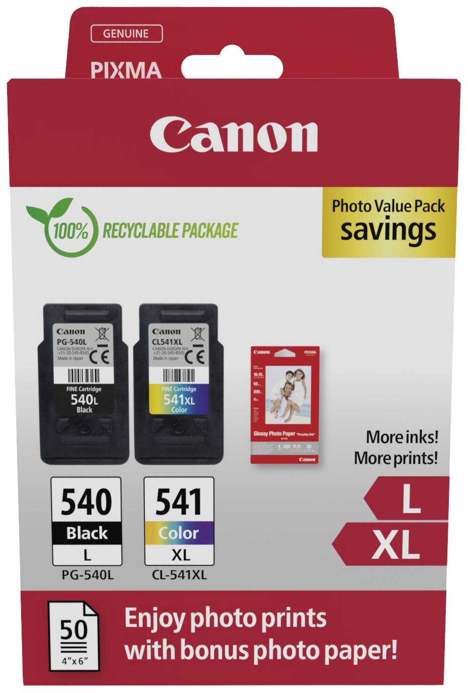 'Canon PIXMA' packaging shows two ink cartridges, black and colour, with bonus photo paper. 100% recyclable packaging. Special offer.